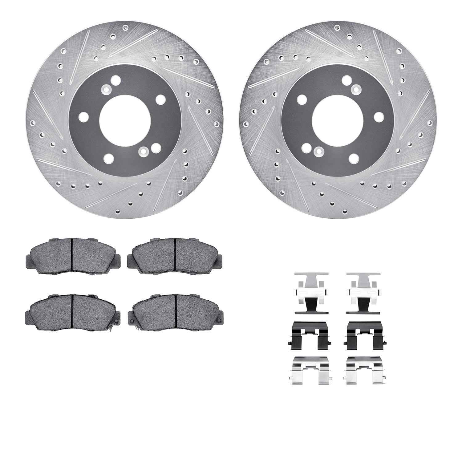 R1 Concepts 97-01 Acura Integra Front Drilled & Slotted Silver Brake Rotor Set w/Optimum OE Pads and Hardware