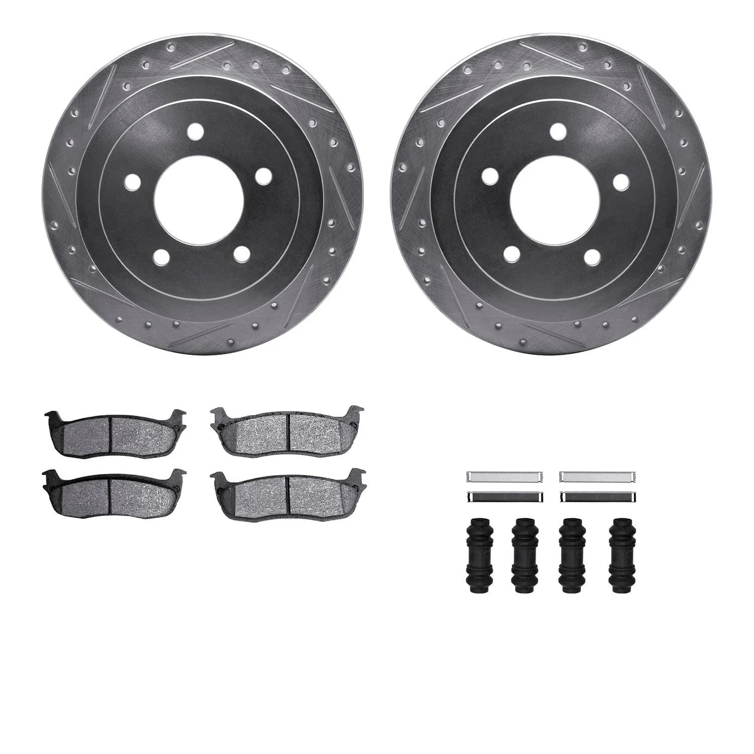 R1 Concepts 97-04 Ford ExpeditIon Rear Drilled & Slotted Silver Brake Rotor Set w/Ceramic Pads and Hardware
