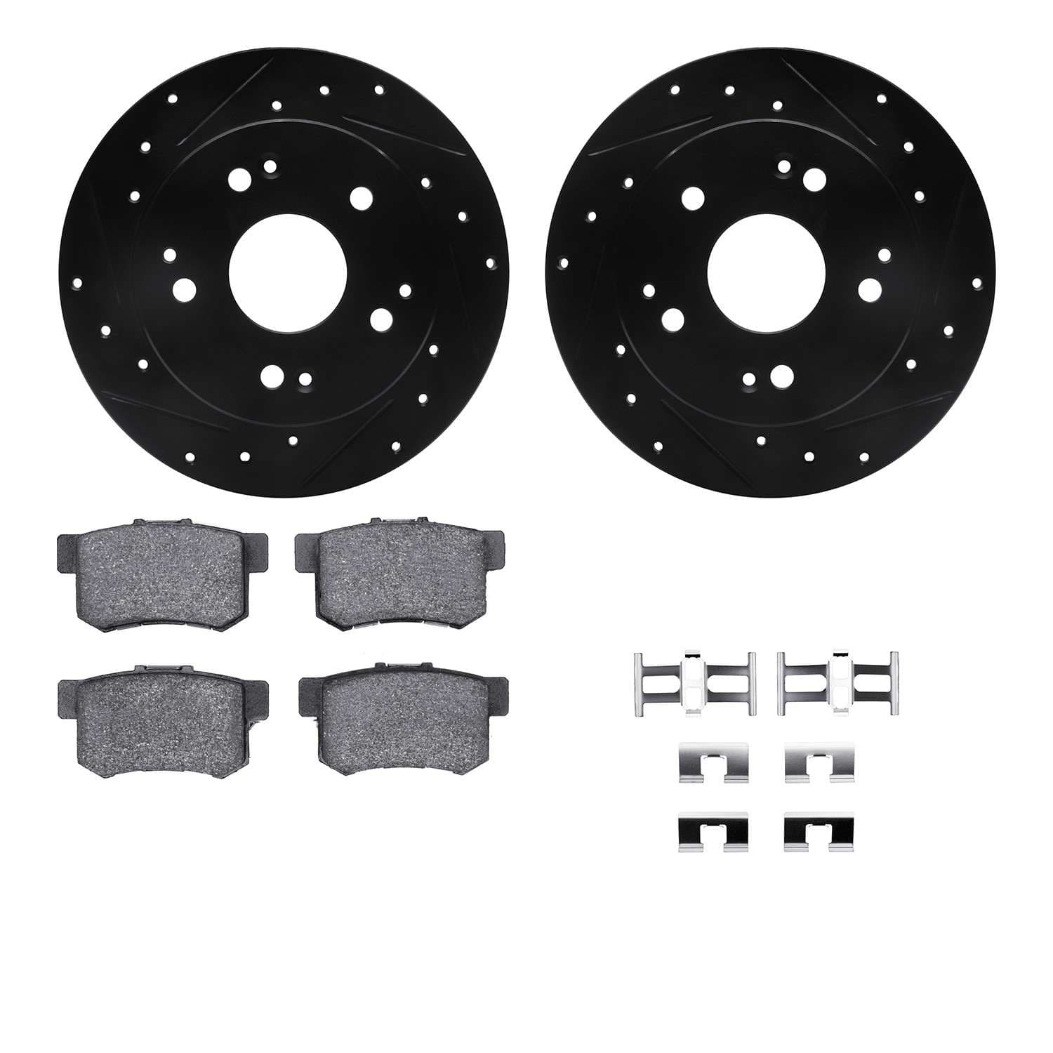 R1 Concepts 97-06 Acura Integra Rear Drilled & Slotted Black Brake Rotor Set w/Optimum OE Pads and Hardware