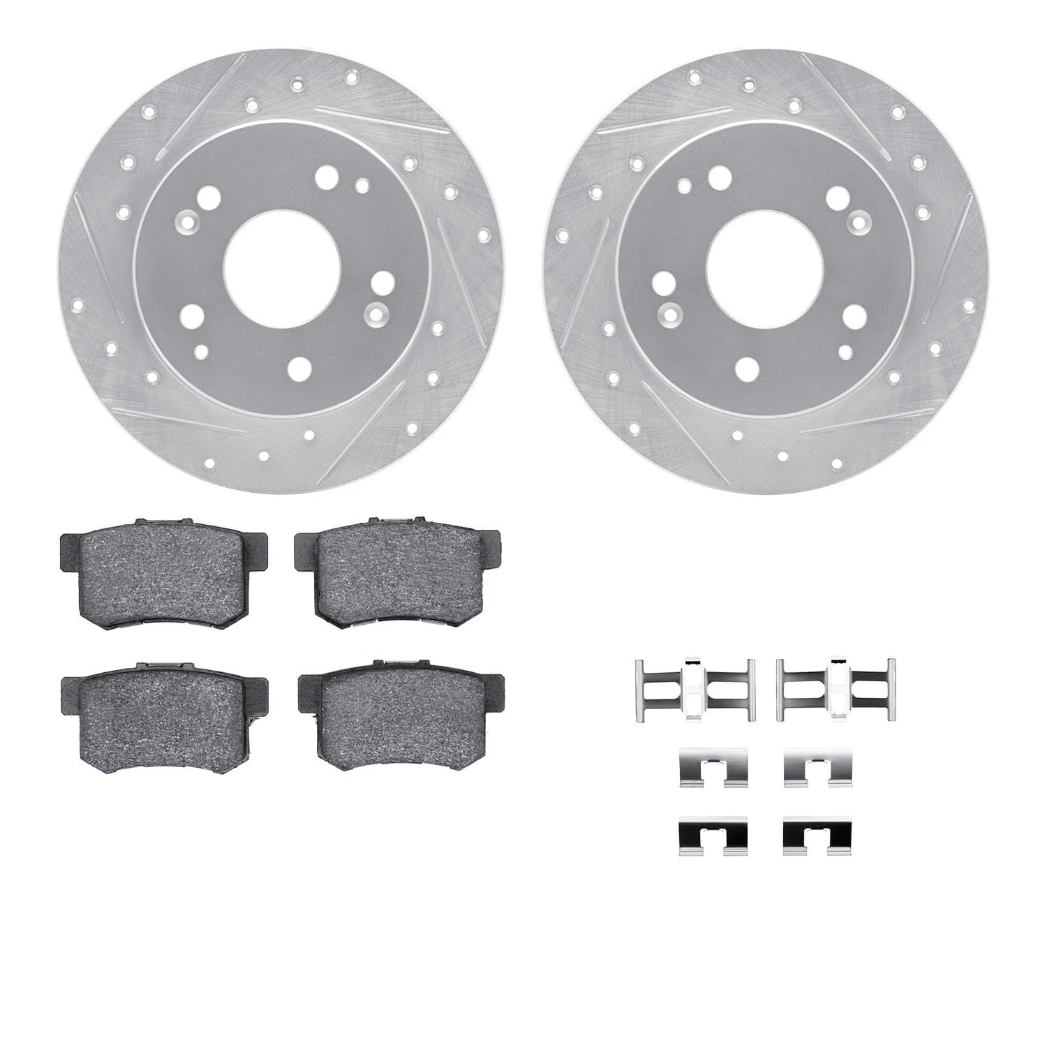 R1 Concepts 97-06 Acura Integra Rear Drilled & Slotted Silver Brake Rotor Set w/Ceramic Pads and Hardware