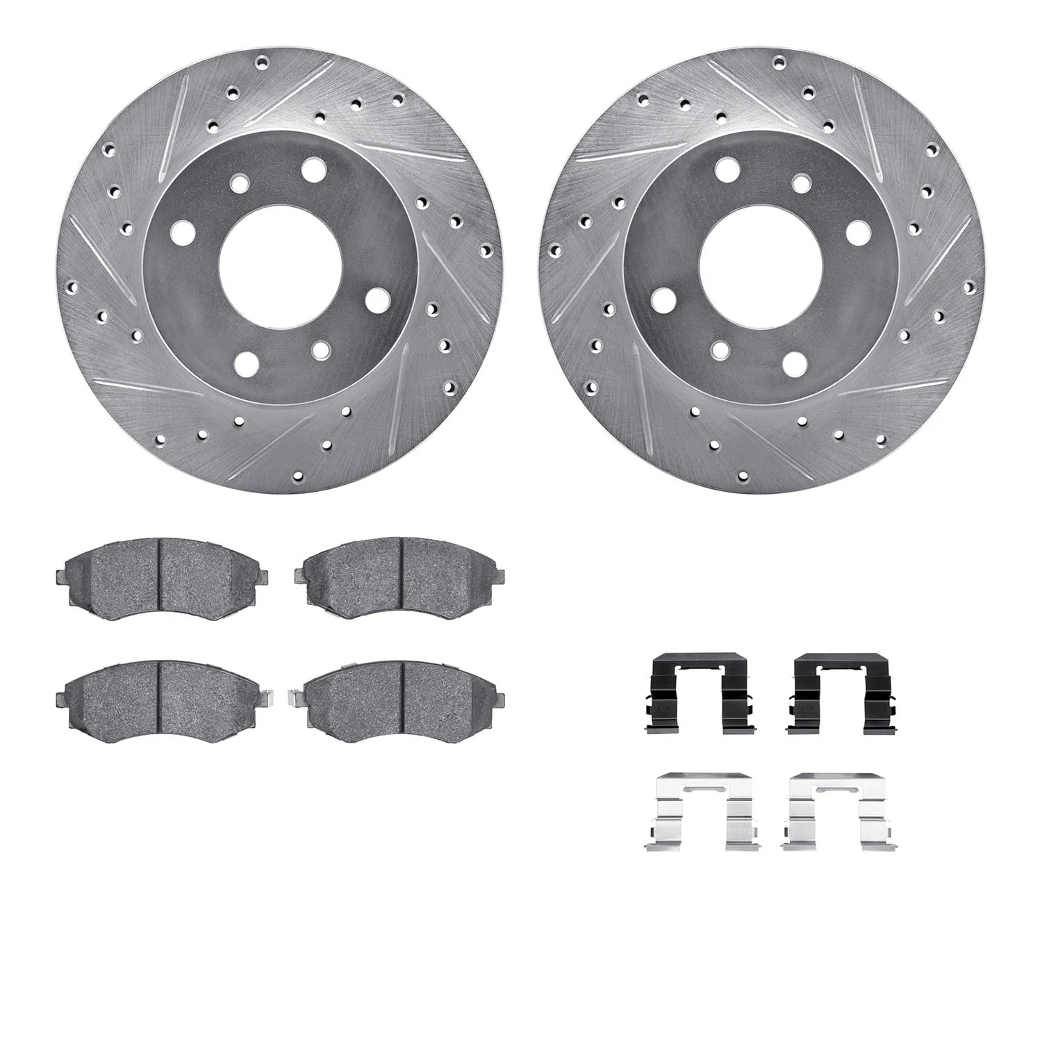 R1 Concepts 97-06 Nissan 240SX Front Drilled & Slotted Silver Brake Rotor Set w/Optimum OE Pads and Hardware